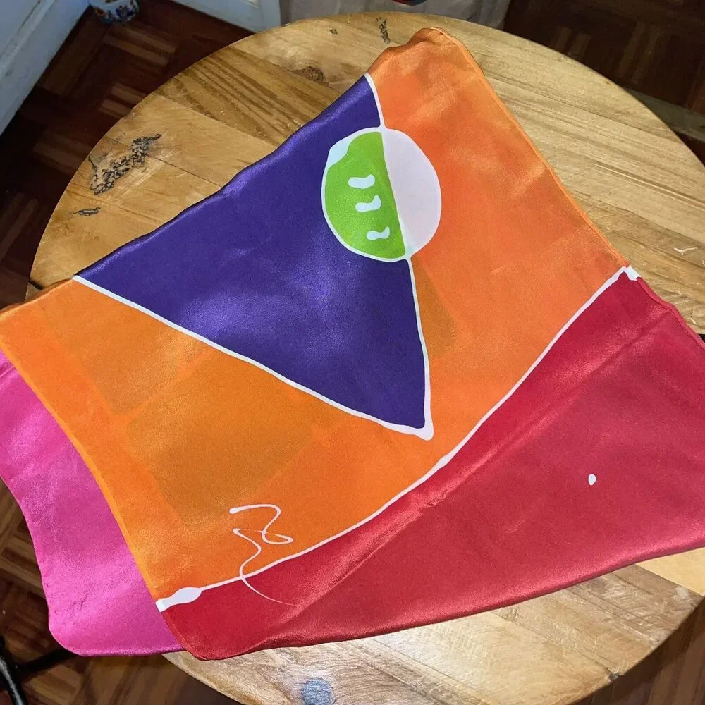 Vtg 80s Artist Signed Abstract Hand Rolled Rectangular Silk Scarf/Hair Wrap